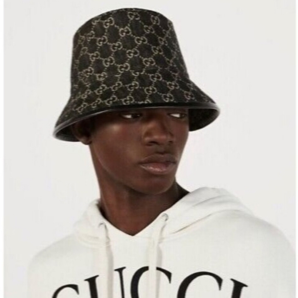 GUCCI Jacquard Denim GG Monogram Oscar Bucket Hat Black Ivory Large 59cm